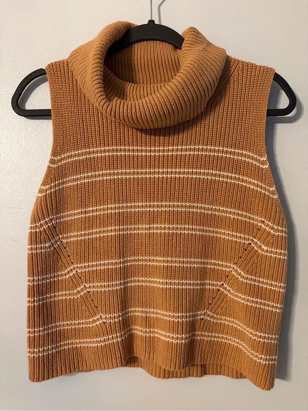 French Connection Sleeveless Turtleneck Sweater Vest in Camel with White Stripes